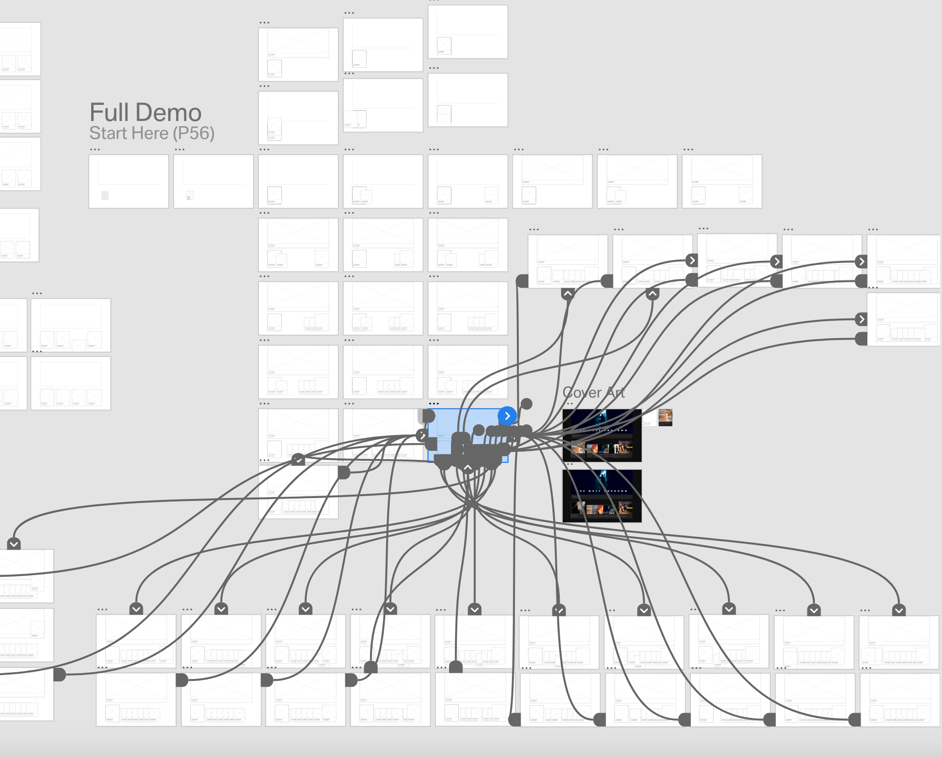 Adobe XD prototype overview — the full screen-to-screen click graph for the cabin UI.
