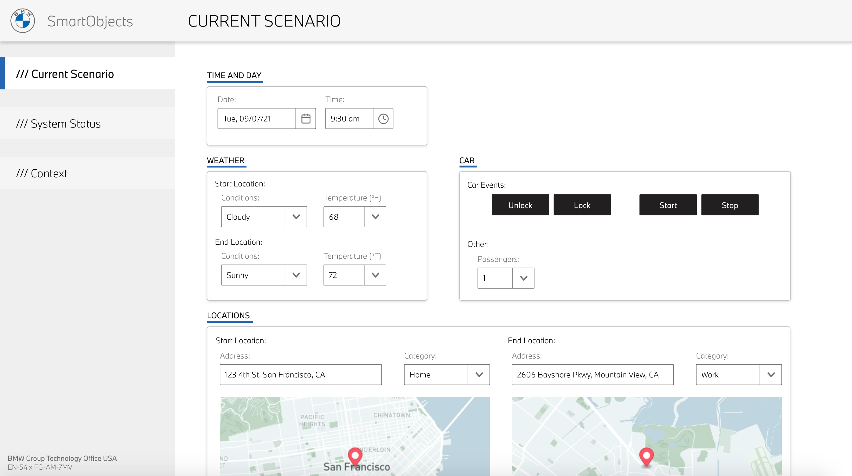 SmartObjects 'Current Scenario' web GUI: Time and day (Tue 9/07/21 9:30 am), weather (cloudy 68 F start, sunny 72 F end), car events (Unlock/Lock/Start/Stop buttons), passengers (1), and locations (San Francisco to Mountain View).