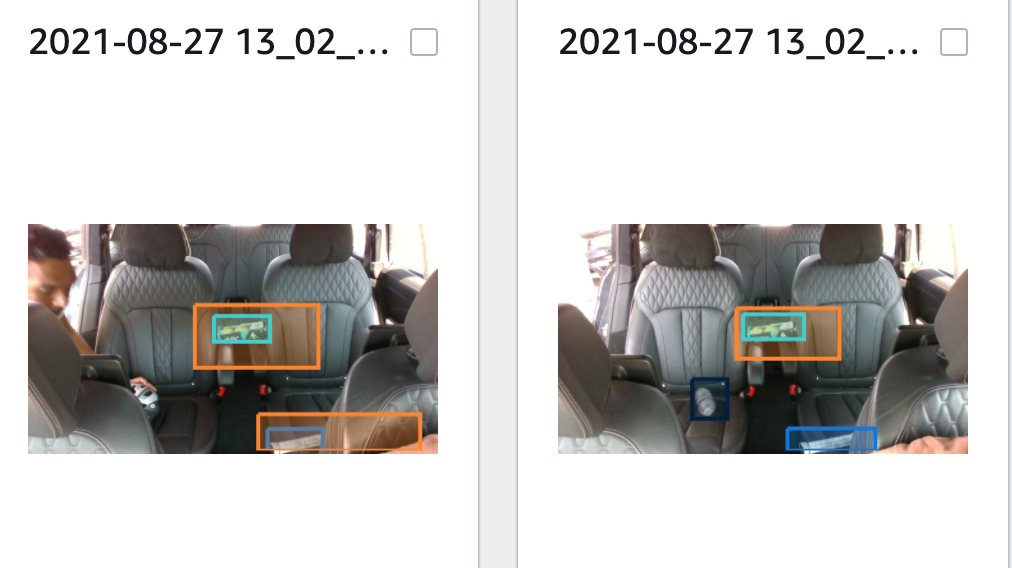 SageMaker Ground Truth dataset view — two thumbnails of rear-seat car interiors with bounding boxes drawn around objects (a person, an item on the far seat). File names start with 2021-08-27 13_02_.
