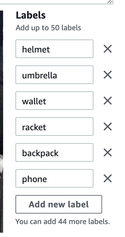 Label vocabulary panel in the SageMaker Ground Truth job: helmet, umbrella, wallet, racket, backpack, phone — six of the closed-vocabulary classes.