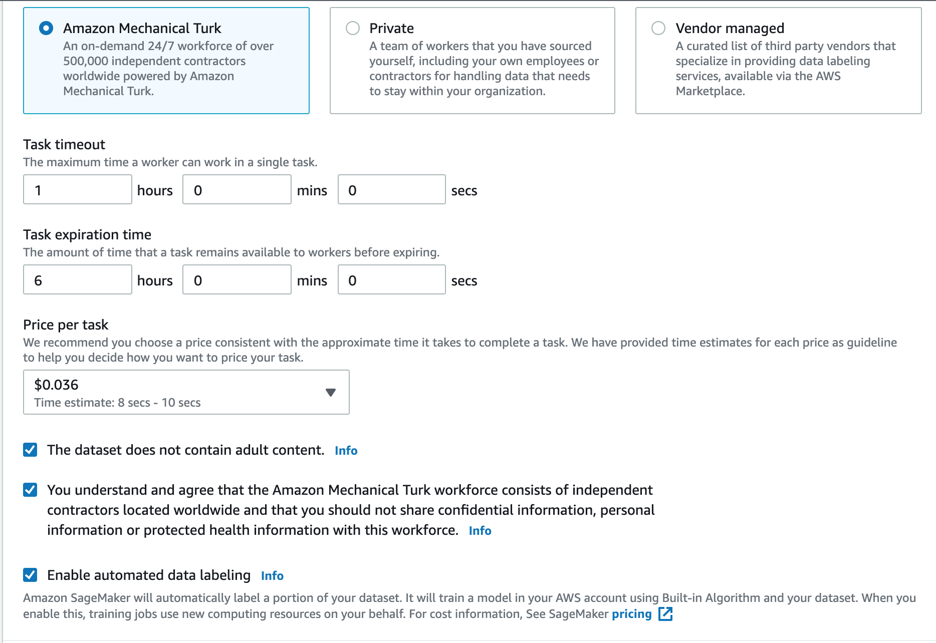 SageMaker Ground Truth labeling job configuration — Amazon Mechanical Turk workforce selected, task timeout 1 hour, task expiration 6 hours, price per task $0.036, 8–10 second time estimate.