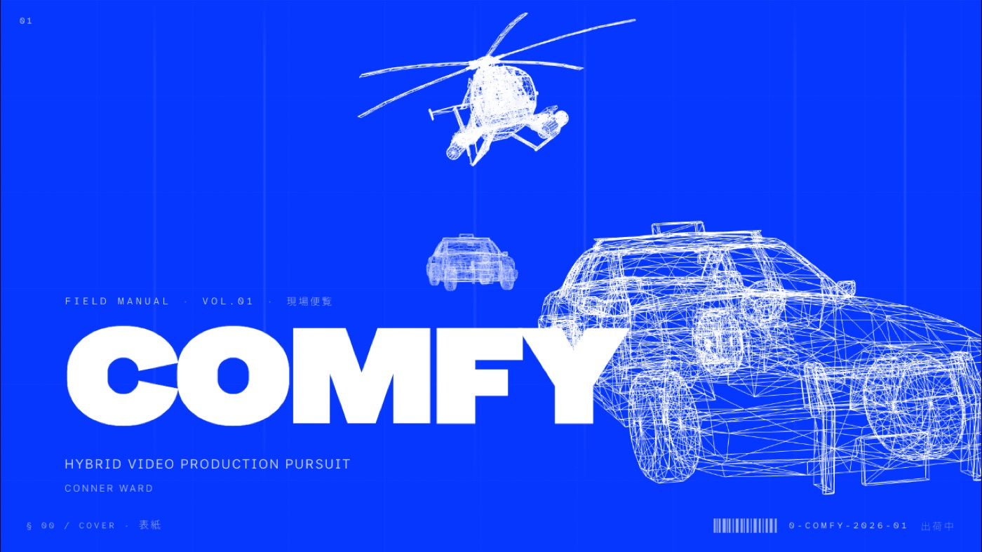 COMFY Field Manual Vol. 01 — cover slide with wireframe vehicles