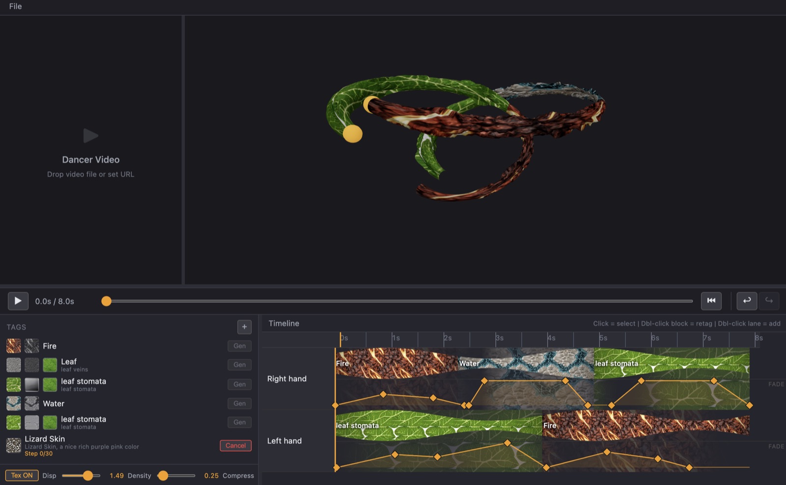dancehack UI — 3D viewport with velocity tubes, NLE timeline, tag library