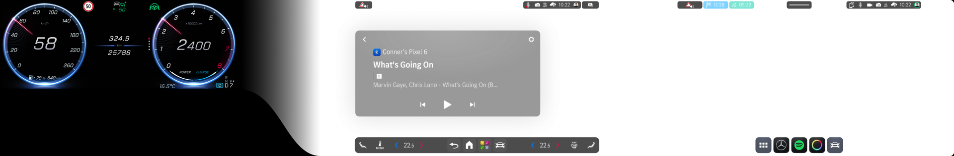 Real Mercedes MBUX interface overlay — cluster, now-playing, climate dock