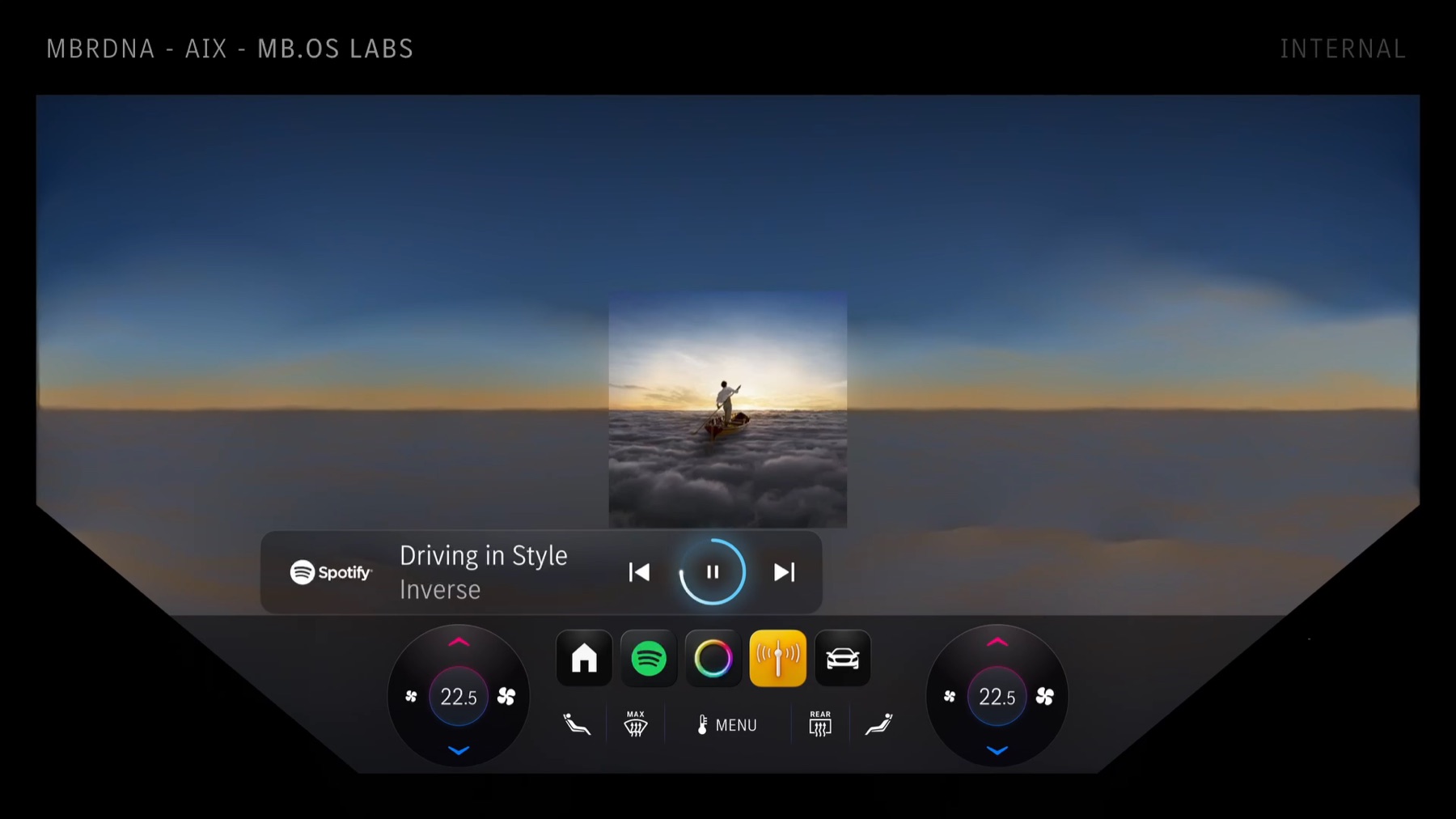A small album cover at centre, outpainted into a full sunset scene across the centre display, with the climate and media controls.