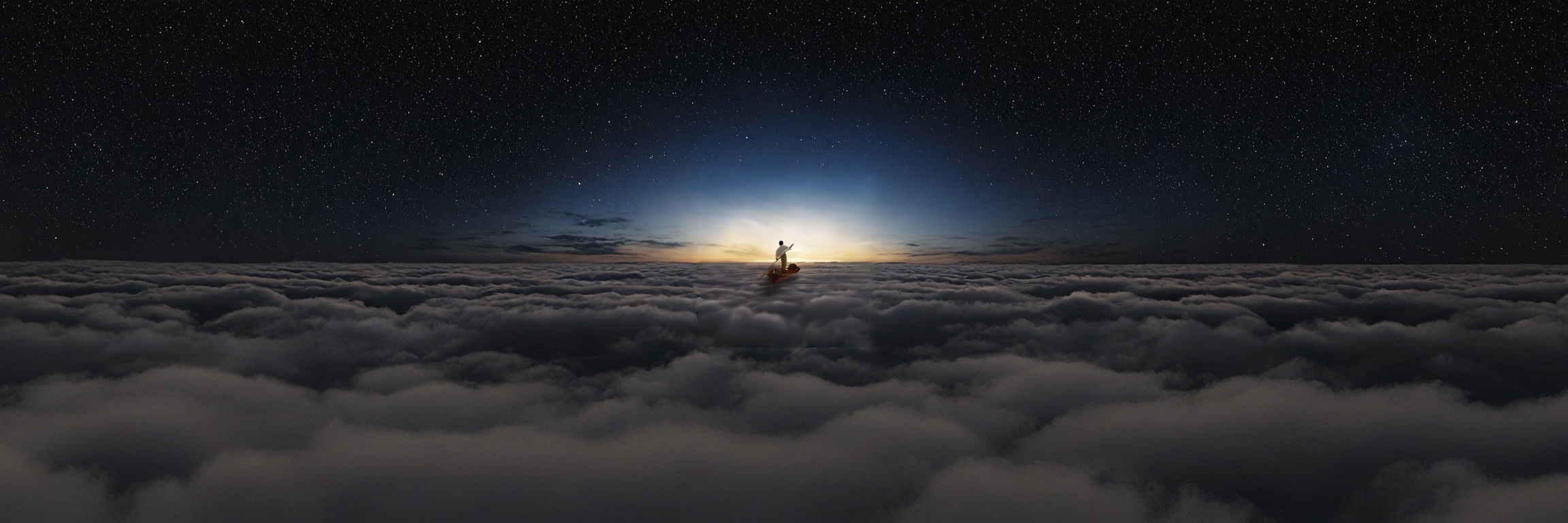 Outpainted album scene — The Endless River's punter carried across a starlit sea of cloud toward the dawn, painted to pillar-to-pillar aspect.