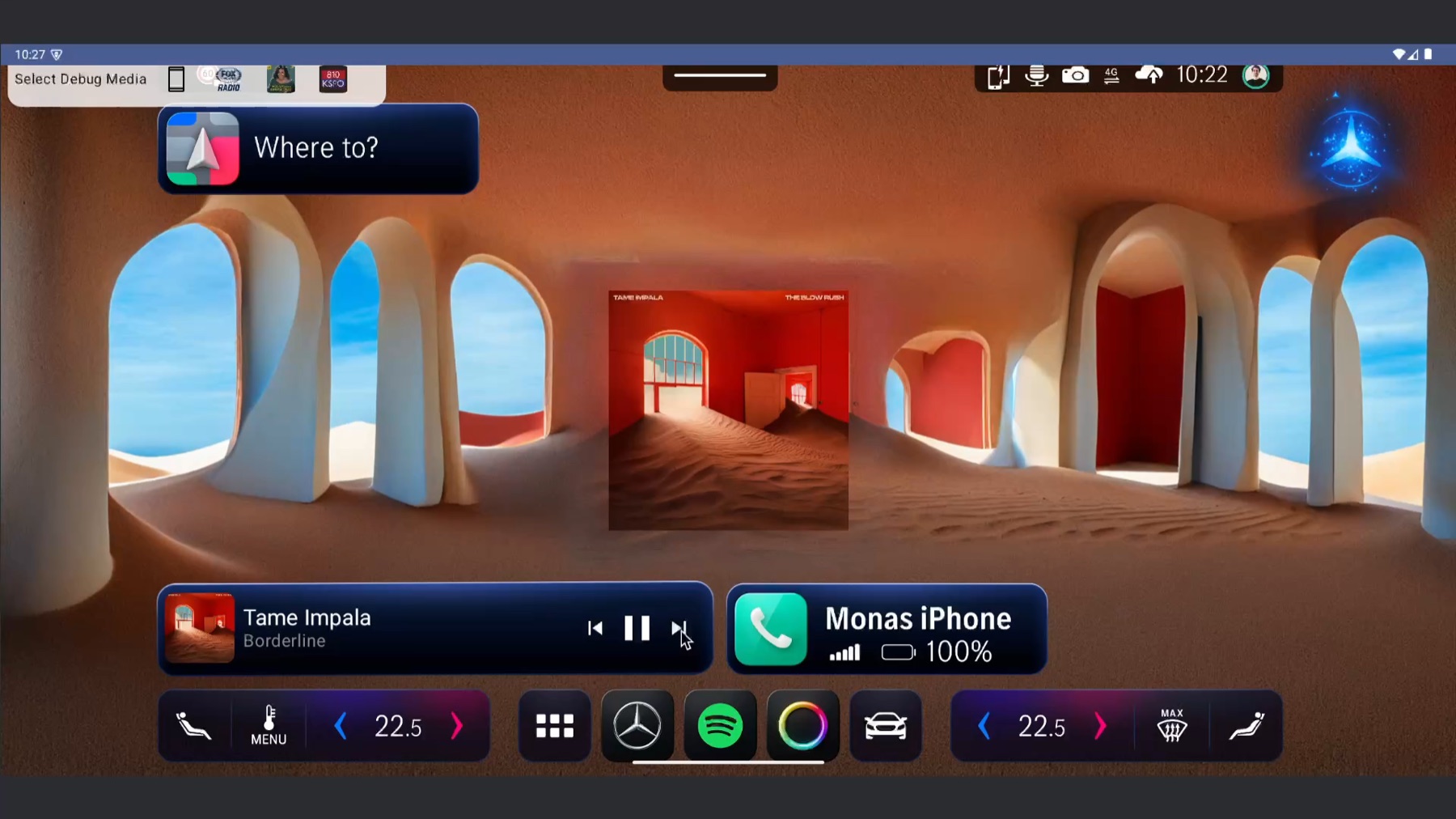 A Tame Impala cover outpainted into a full desert-arch scene across the head unit.