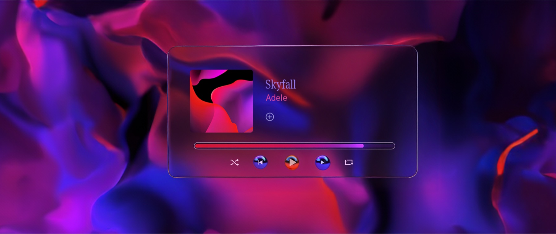 Glass media card over a generated background — the production look, full cabin.