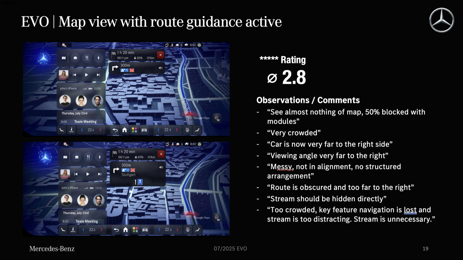 EVO map view with route guidance active — stream blocks the map.