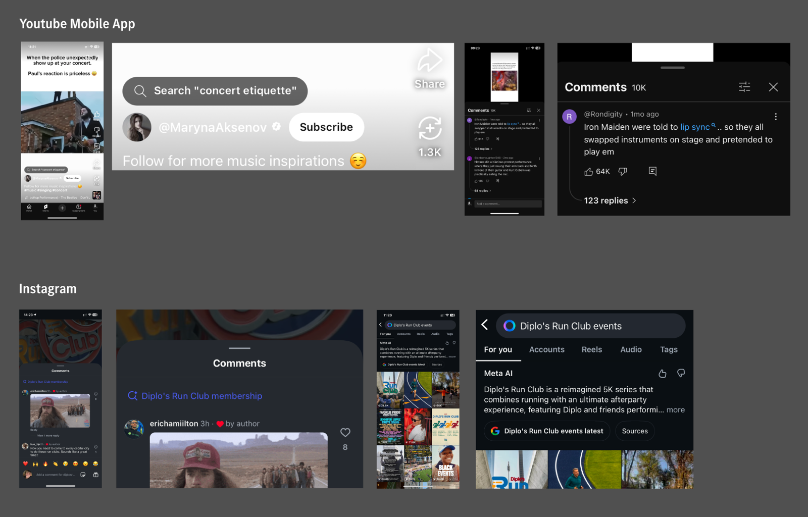 YouTube mobile and Instagram comment / search UI patterns.