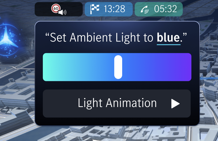 Map view with overlaid 'Set Ambient Light to blue' fuzzy widget.