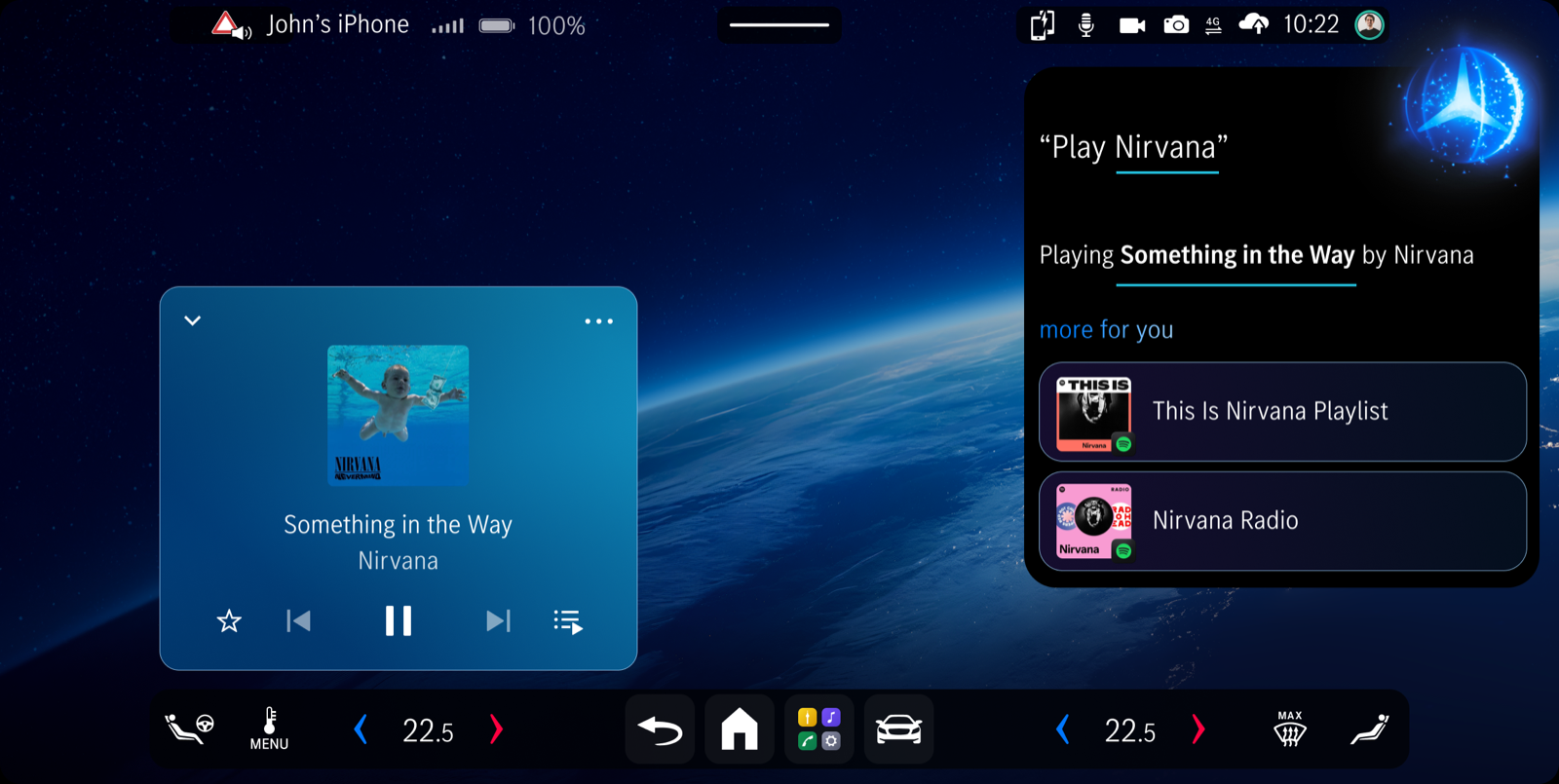Full HU mock — 'Play Nirvana' fuzzy widget with playlist and radio follow-up.