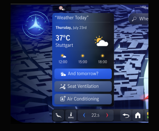 HU screen — weather widget with deferred actions for seat ventilation and air conditioning, over a map.