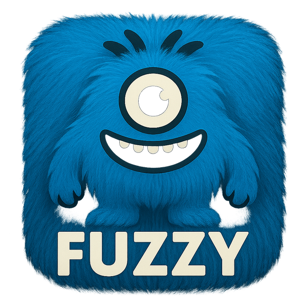 App-icon treatment: furry blue monster with FUZZY label.