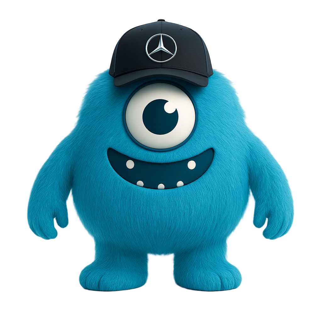 Fuzzy — the project mascot, a one-eyed blue felt monster wearing a Mercedes-Benz star cap
