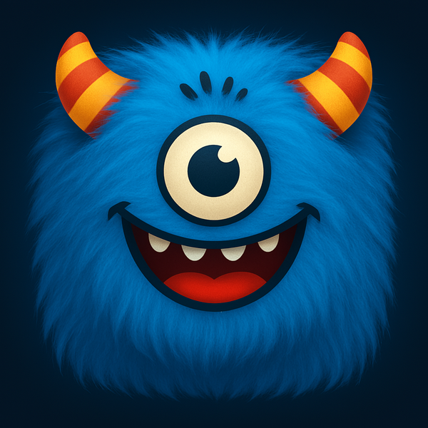 Dark app icon: round furry monster with horns on a glow background.