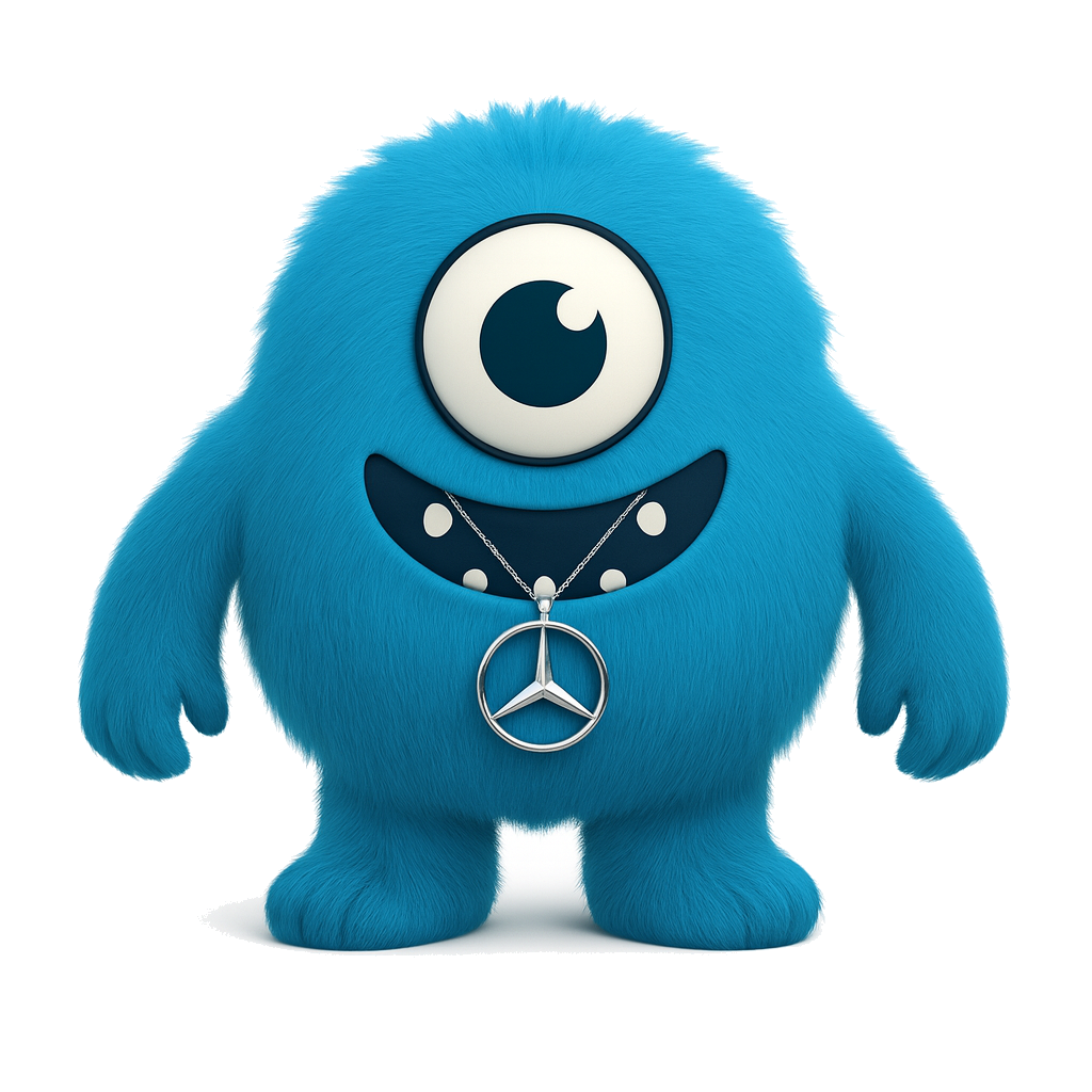 Fuzzy wearing a Mercedes-Benz star pendant necklace.