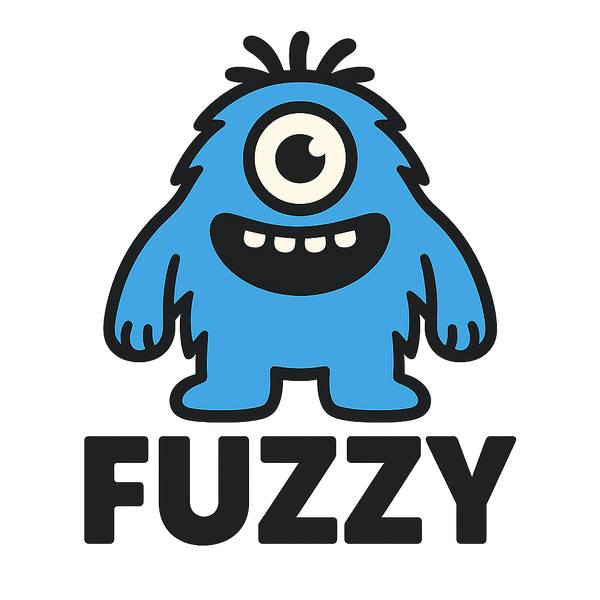 Blue monster above a bold FUZZY wordmark.
