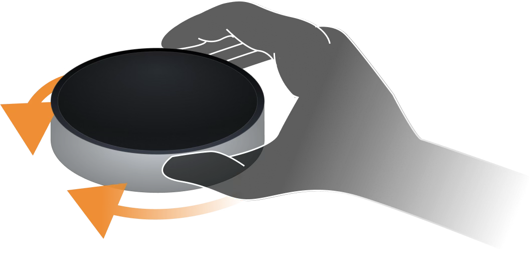 Illustration of a hand operating a circular rotator knob, with rotation arrows.