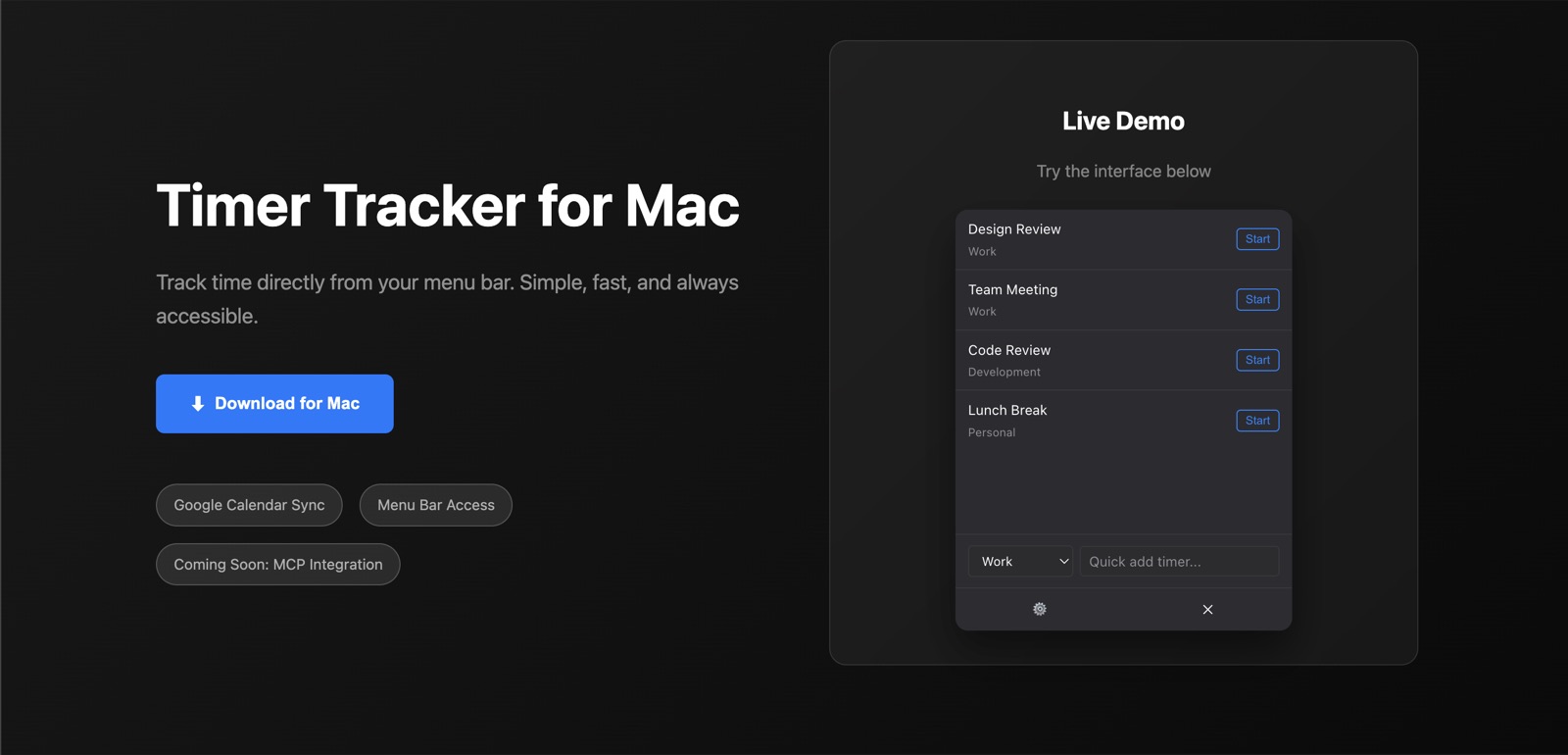 trak landing page hero — menu bar simplicity, Mac App Store badge