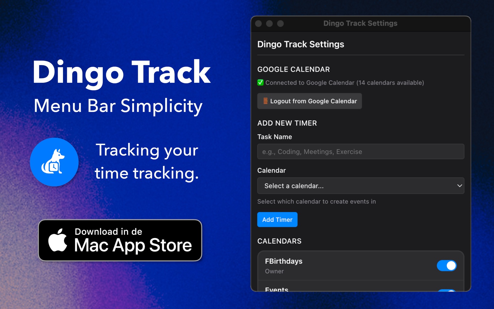 trak settings window — add timers, choose calendar, visibility toggles