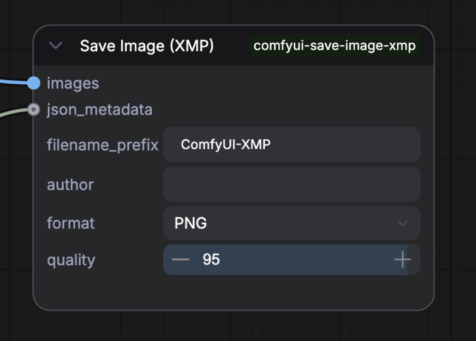 Save Image (XMP) node — PNG/WEBP/JPEG with workflow metadata
