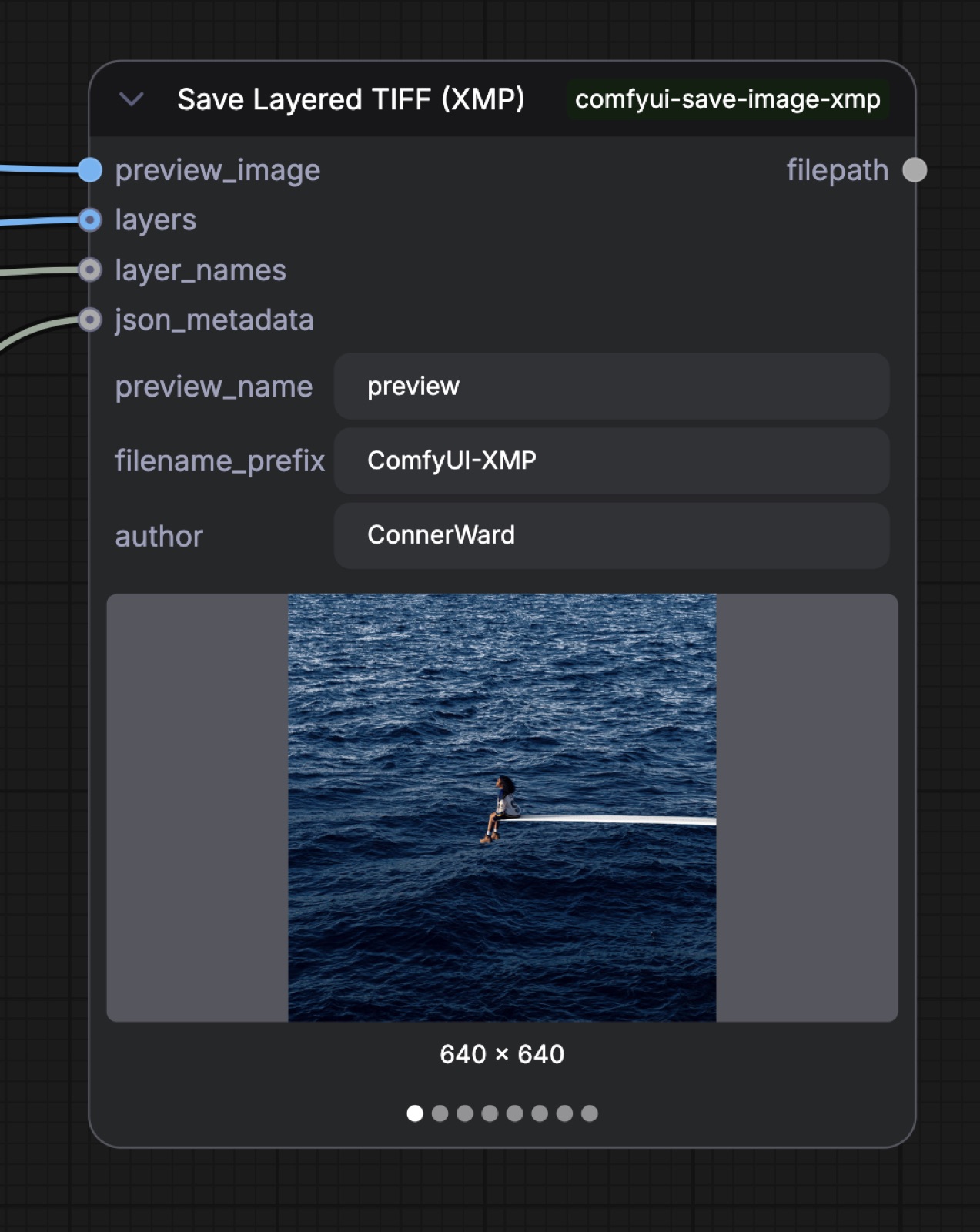 Save Layered TIFF (XMP) node — multi-layer preview in the ComfyUI graph