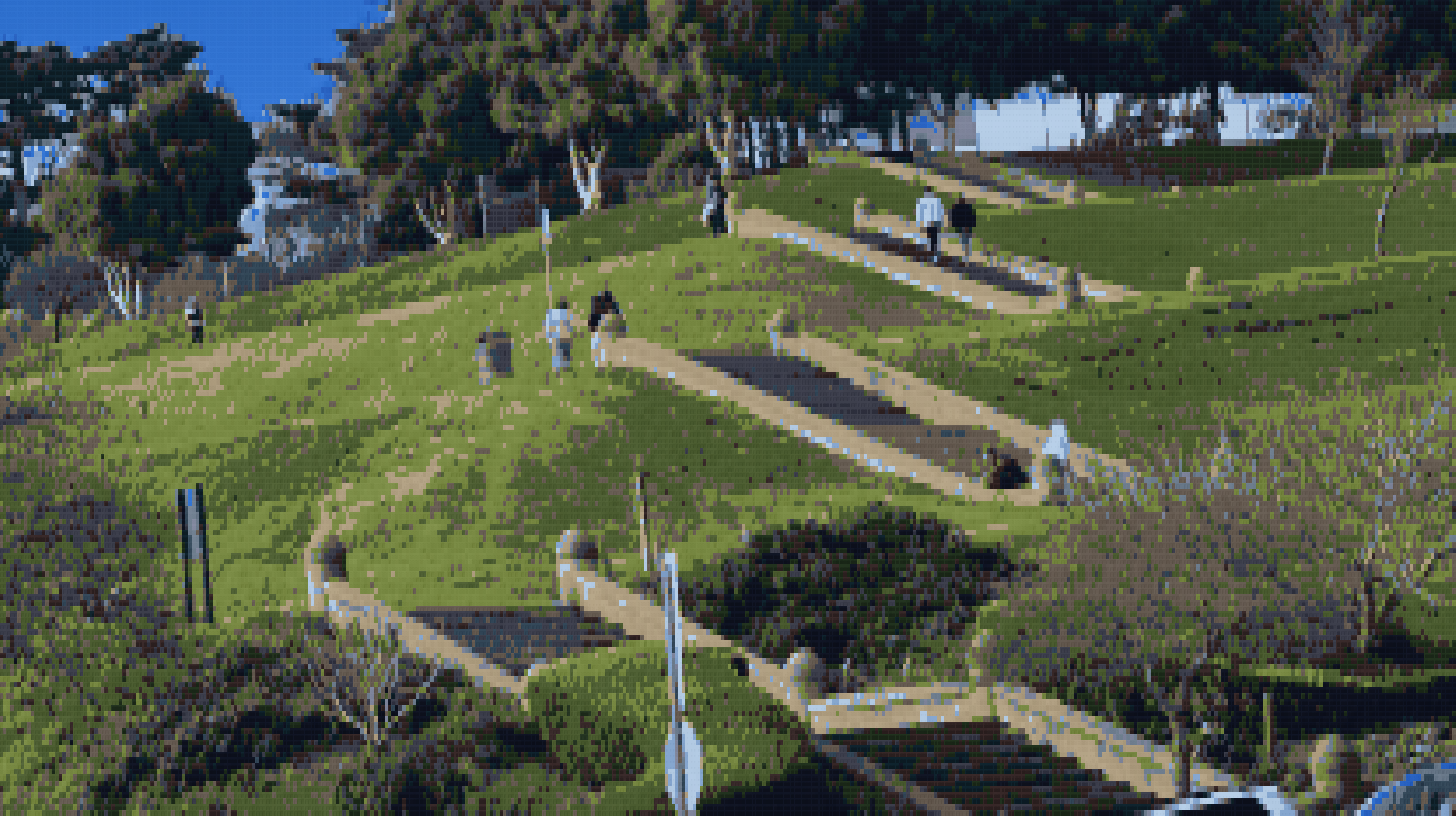 The terraced concrete stairs of Alta Plaza Park climbing a grassy hill in San Francisco, bollards capping each landing.